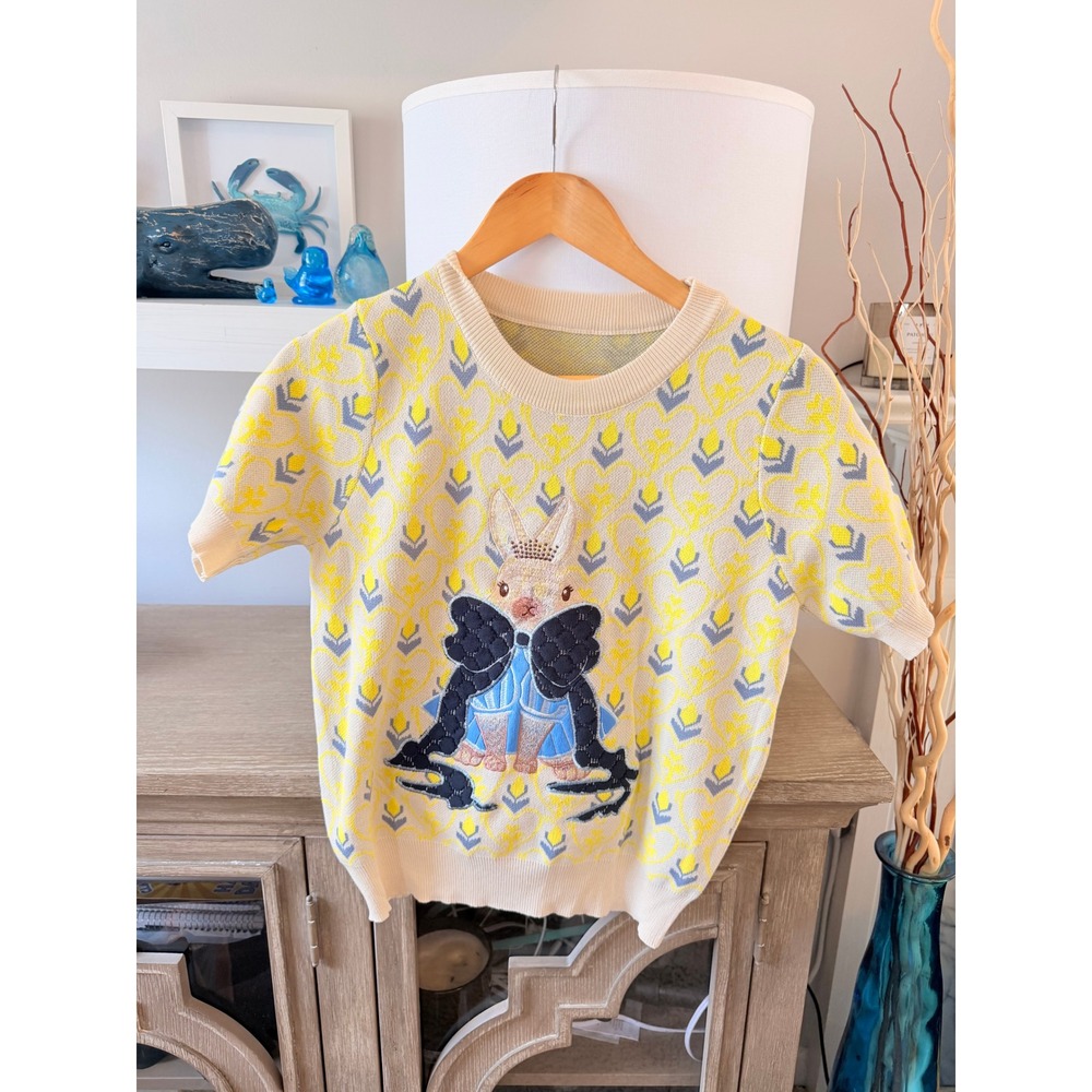 Unbranded Rabbit Embroidery Short Sleeve Sweater Women Yellow Size M